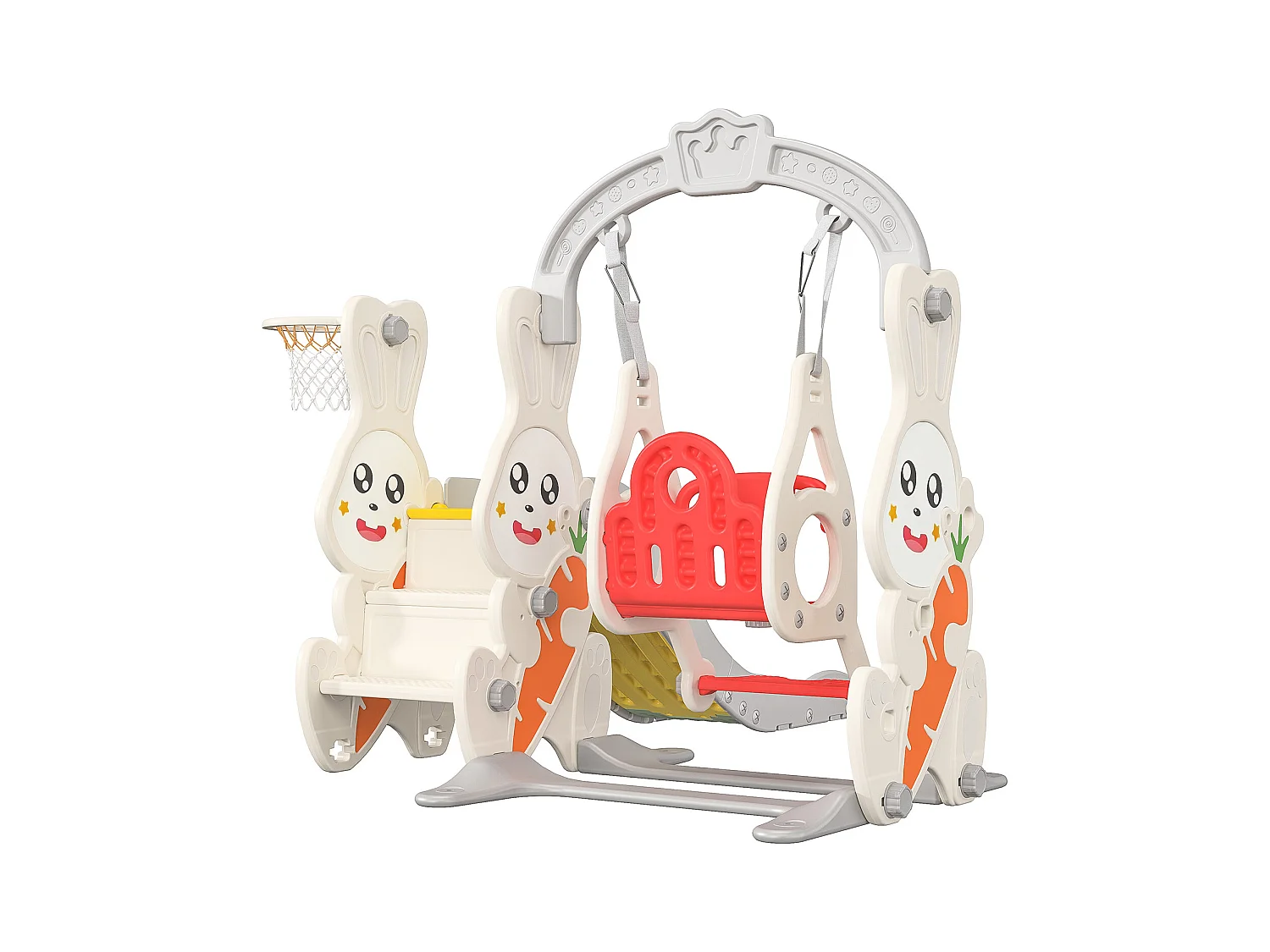 Konijnenglijbaan + schommel + ballenframe wit