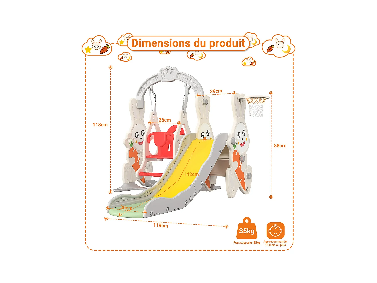 Konijnenglijbaan + schommel + ballenframe wit