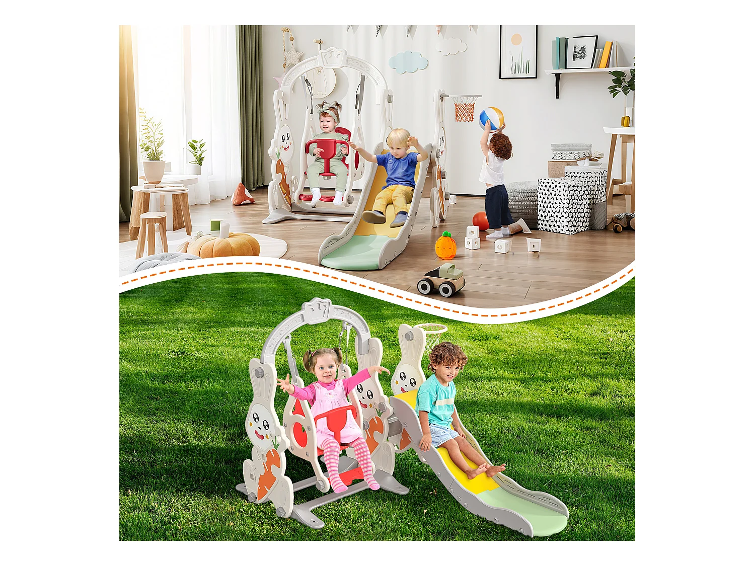 Konijnenglijbaan + schommel + ballenframe wit