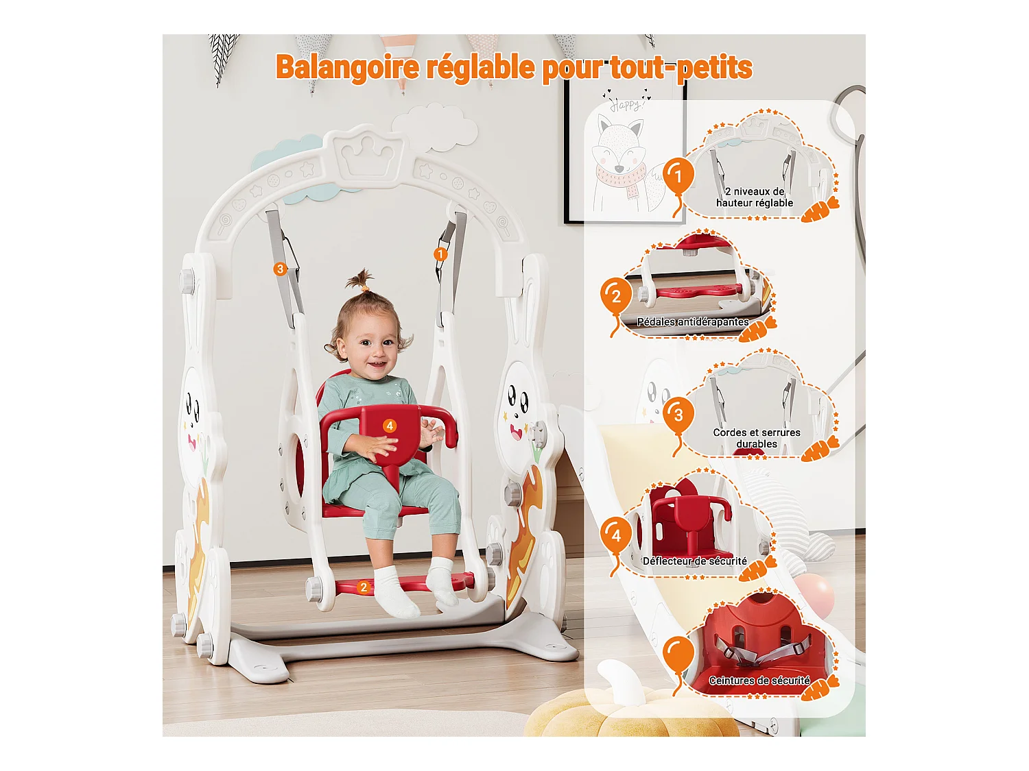 Konijnenglijbaan + schommel + ballenframe wit