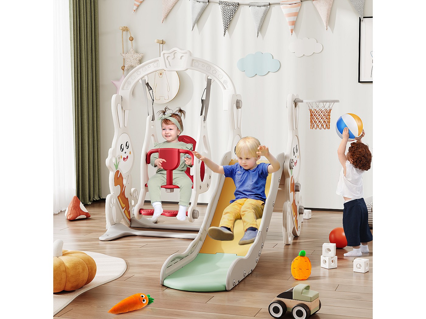 Toboggan Balançoire 8 En 1 Pour Enfants - Avec Panier De Basket, Télescope, Aire De Jeux - Pour Intérieur Et Extérieur - 5
