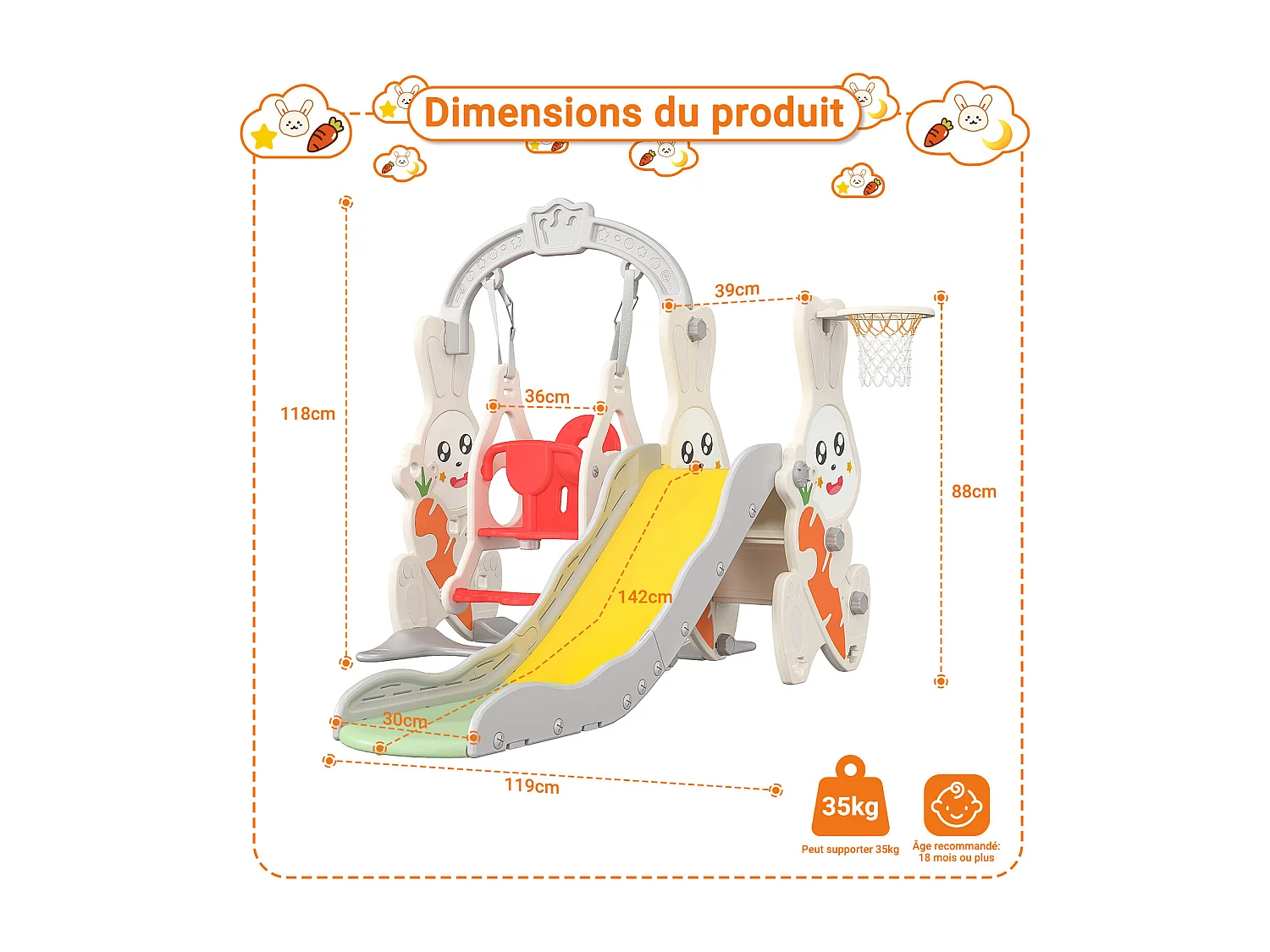 Scivolo coniglio + altalena + struttura a sfera bianca