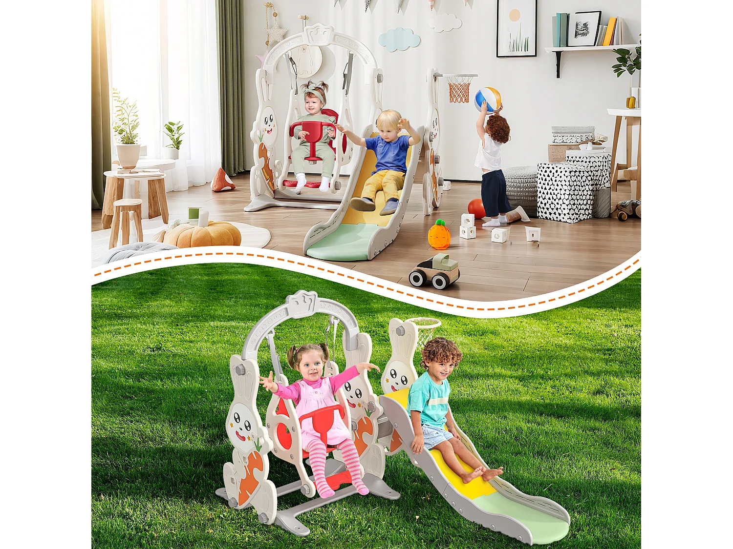 Scivolo coniglio + altalena + struttura a sfera bianca