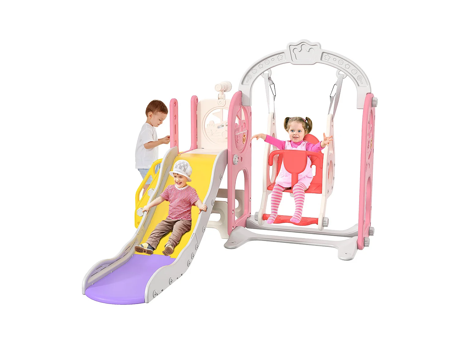 Toboggan bateau pirate + balançoire + structure à balles + télescope rose