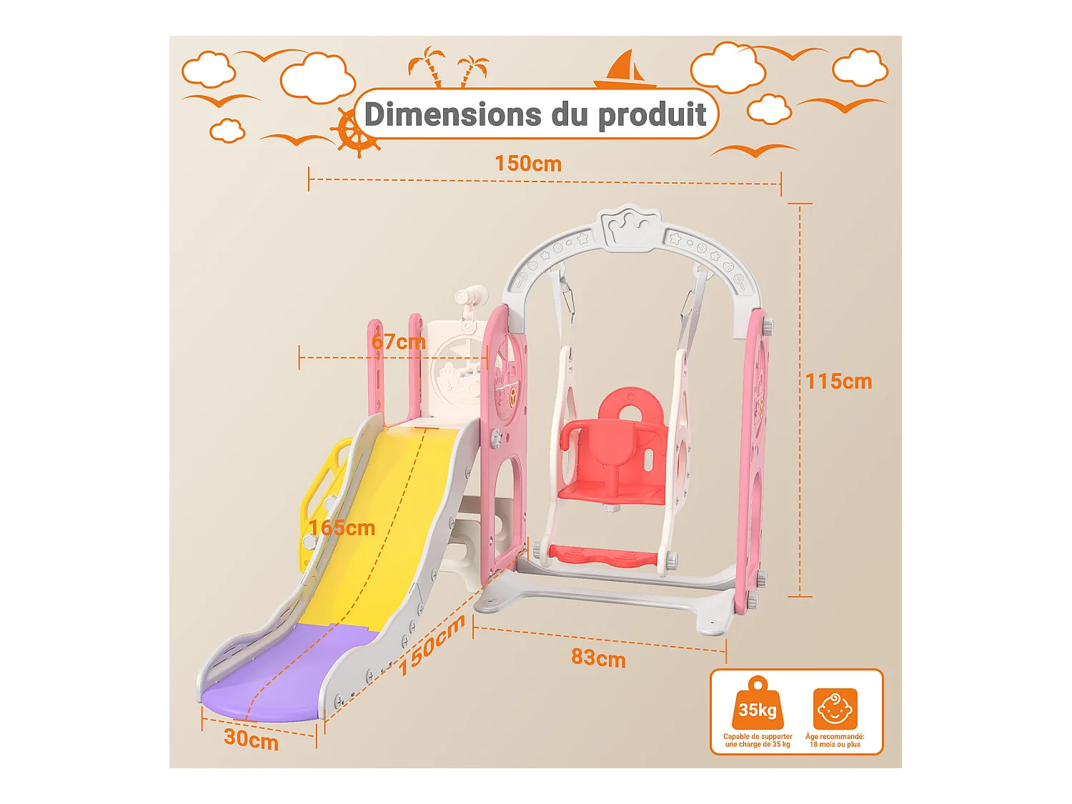 Toboggan bateau pirate + balançoire + structure à balles + télescope rose