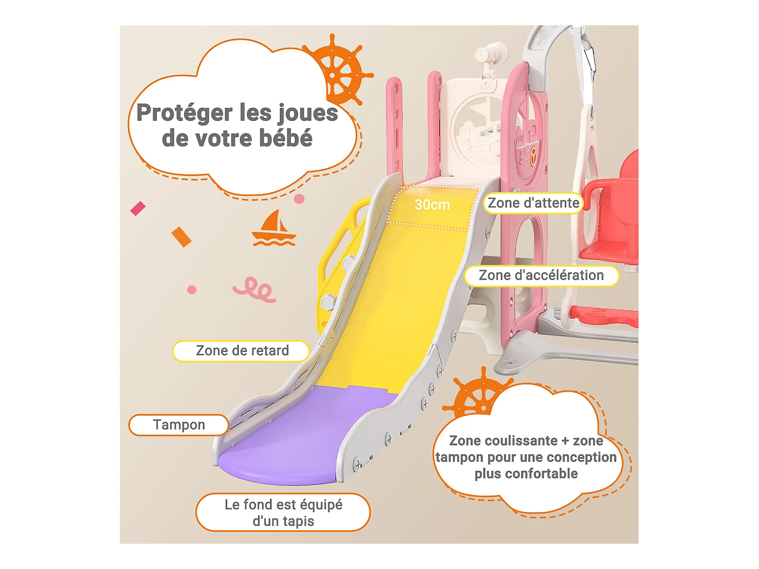 Toboggan bateau pirate + balançoire + structure à balles + télescope rose