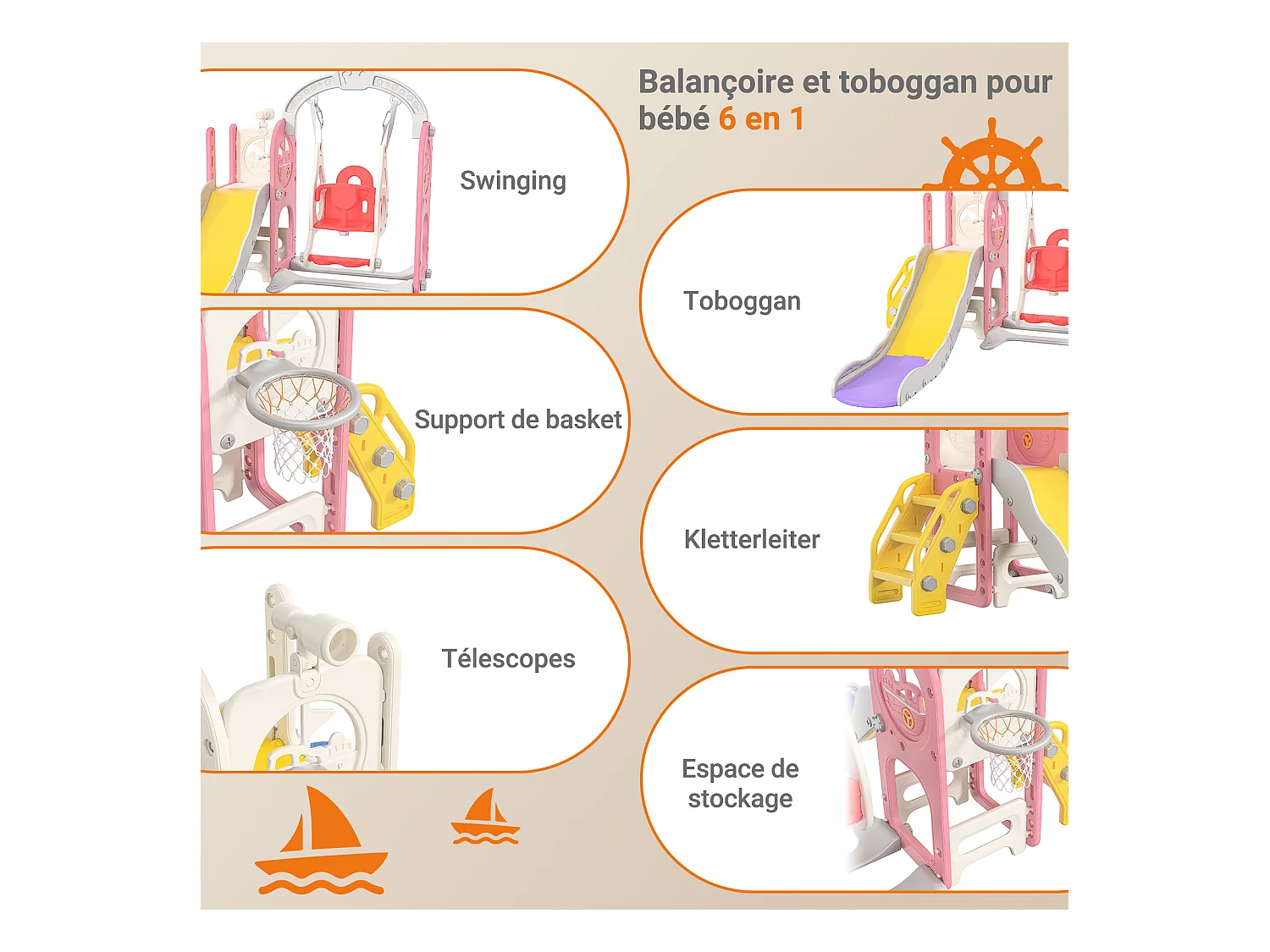 Toboggan bateau pirate + balançoire + structure à balles + télescope rose