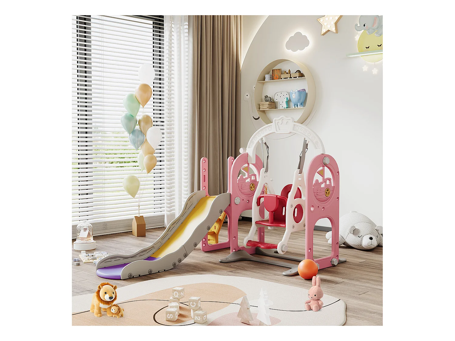 Toboggan bateau pirate + balançoire + structure à balles + télescope rose