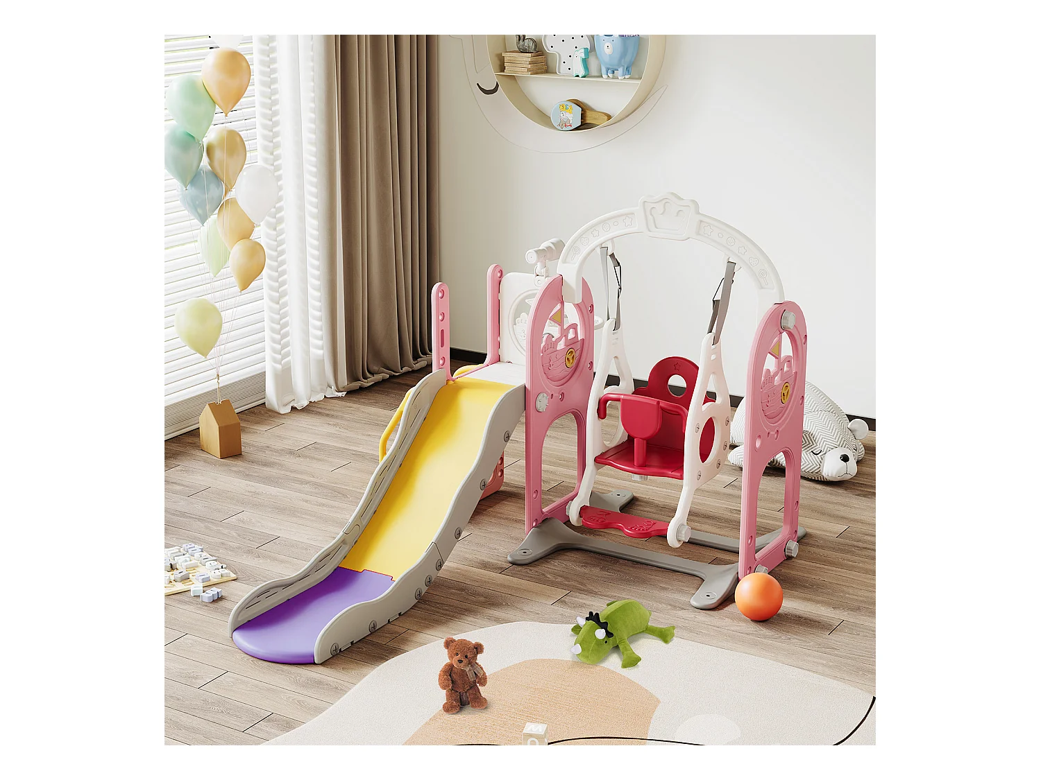 Toboggan bateau pirate + balançoire + structure à balles + télescope rose