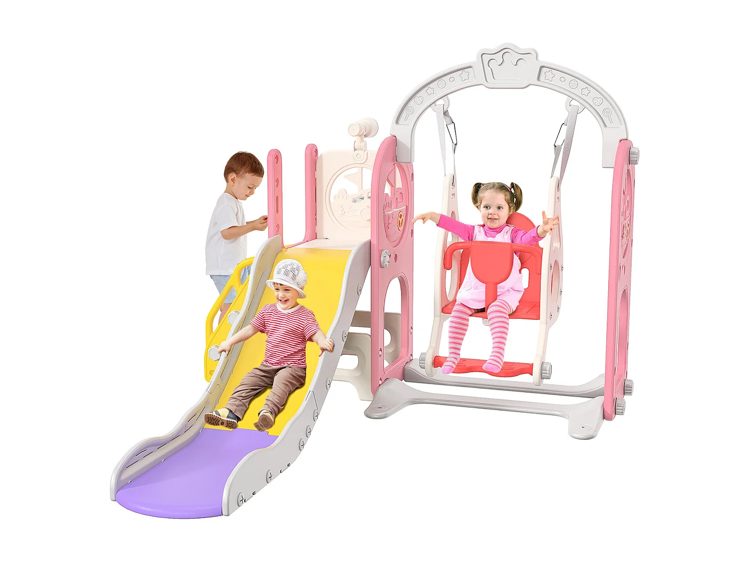 Toboggan bateau pirate + balançoire + structure à balles + télescope rose