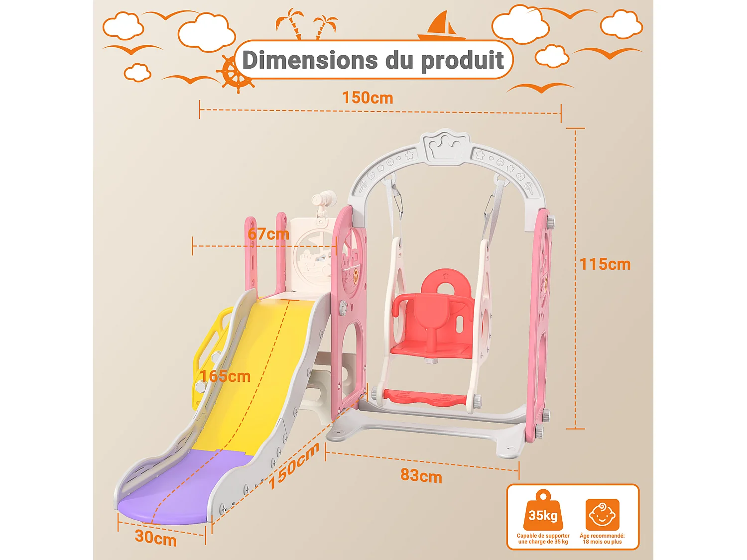 Toboggan bateau pirate + balançoire + structure à balles + télescope rose