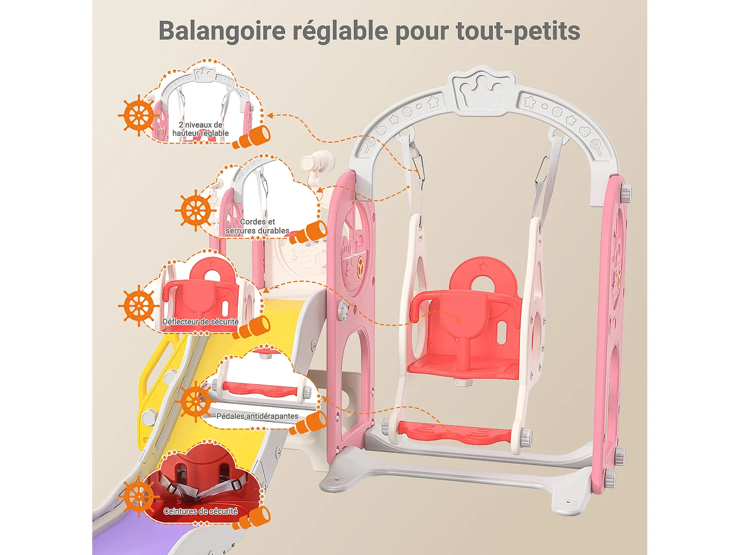 Toboggan bateau pirate + balançoire + structure à balles + télescope rose