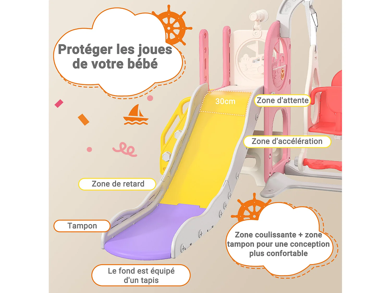 Toboggan bateau pirate + balançoire + structure à balles + télescope rose