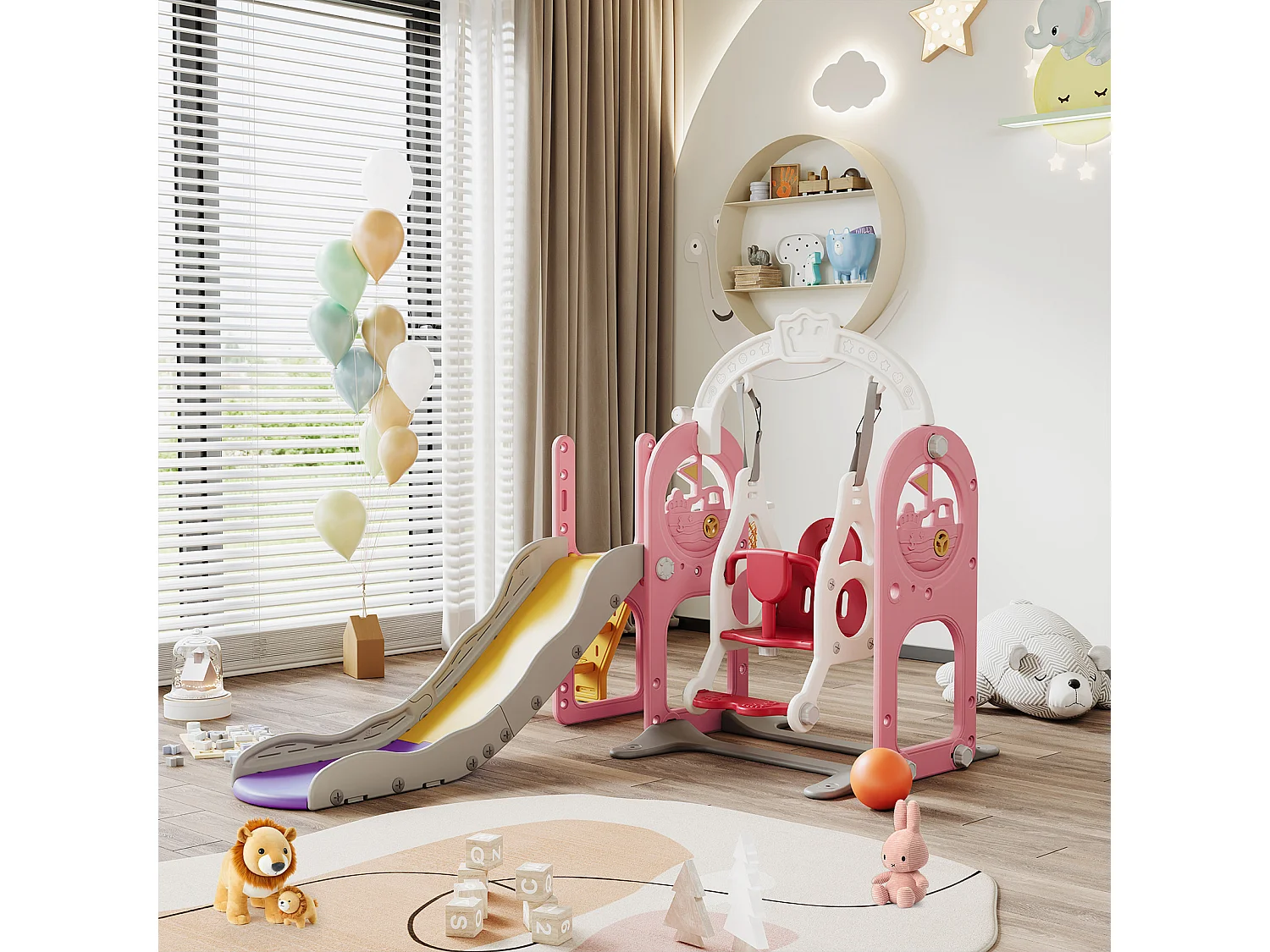 Toboggan bateau pirate + balançoire + structure à balles + télescope rose