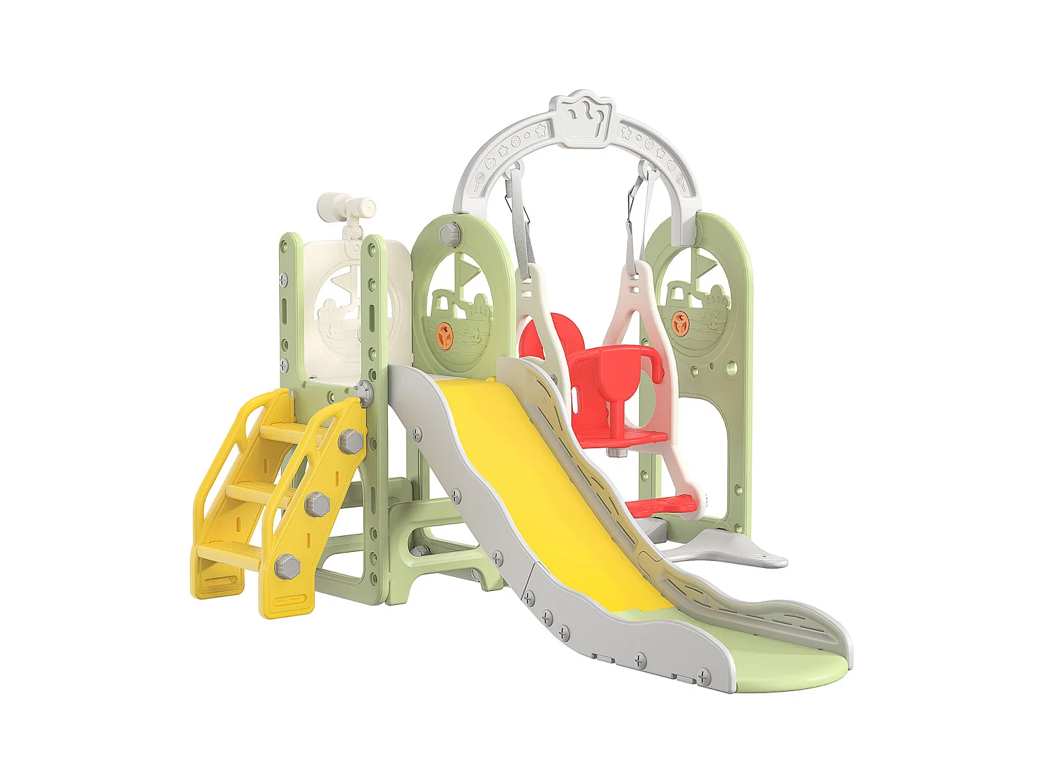 Piratenschiff Rutsche + Schaukel + Kugelgerüst + Teleskop Grün
