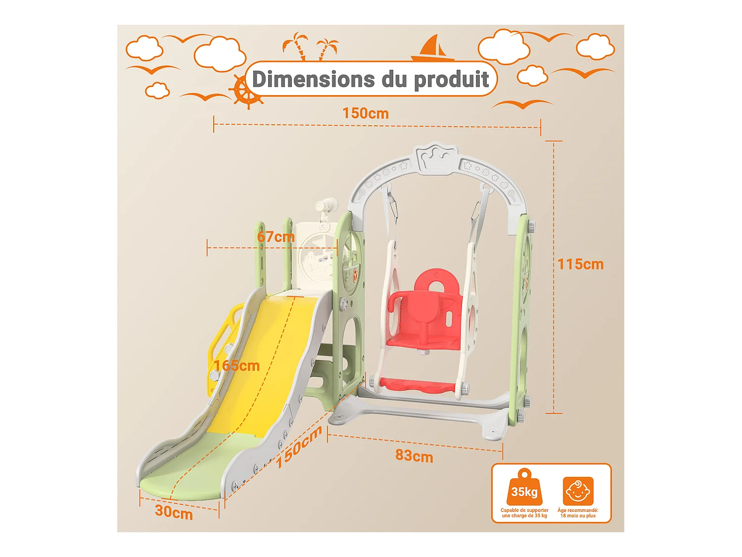 Piratenschiff Rutsche + Schaukel + Kugelgerüst + Teleskop Grün