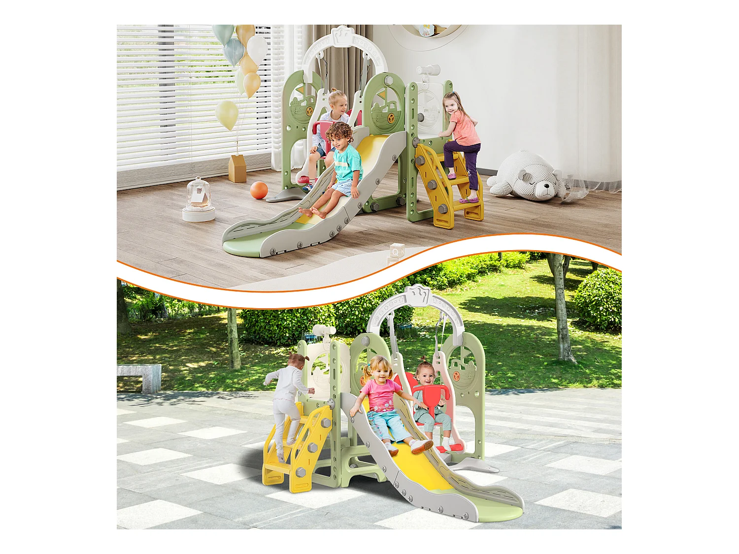 Piratenschiff Rutsche + Schaukel + Kugelgerüst + Teleskop Grün