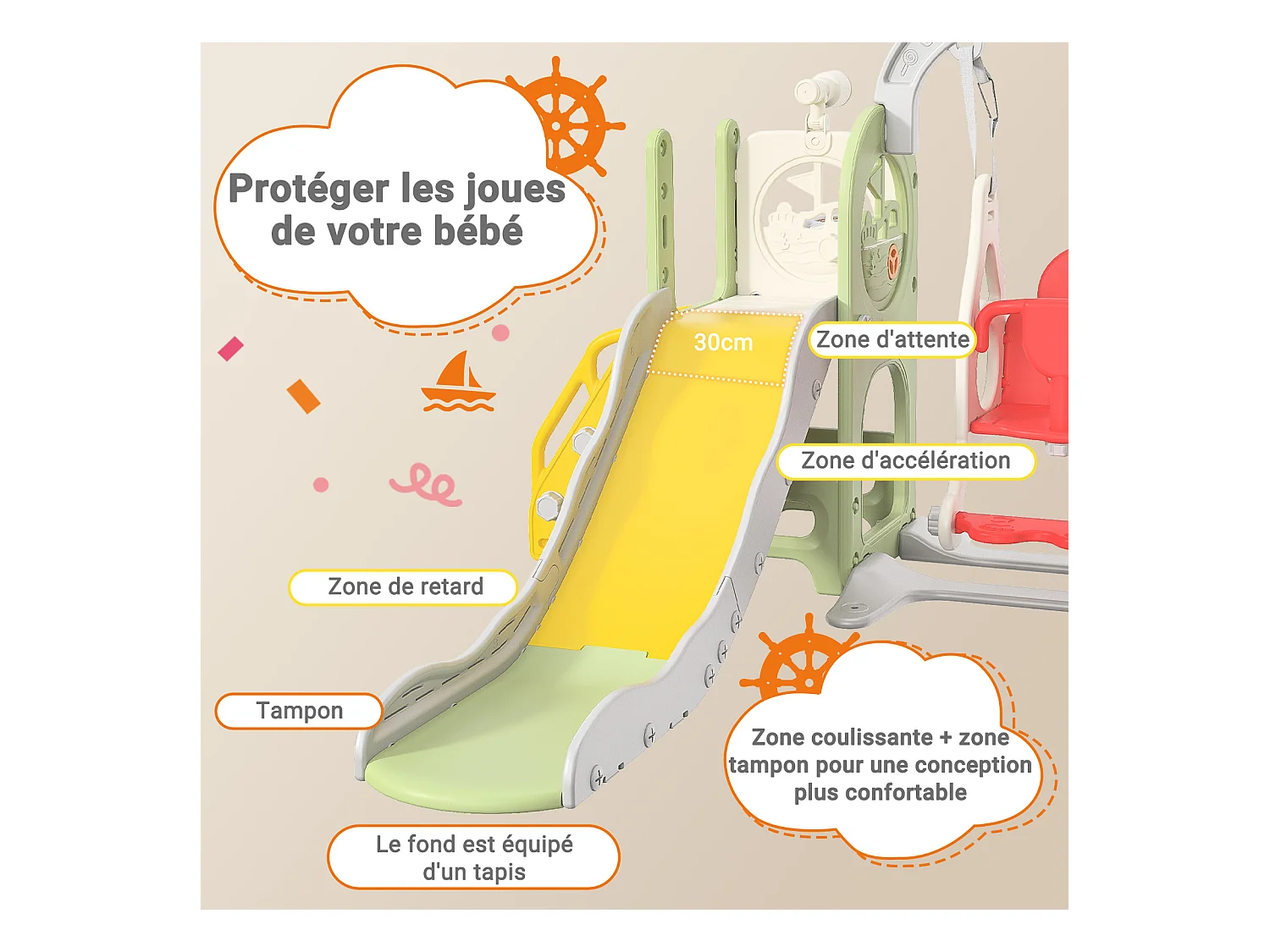 Piratenschiff Rutsche + Schaukel + Kugelgerüst + Teleskop Grün