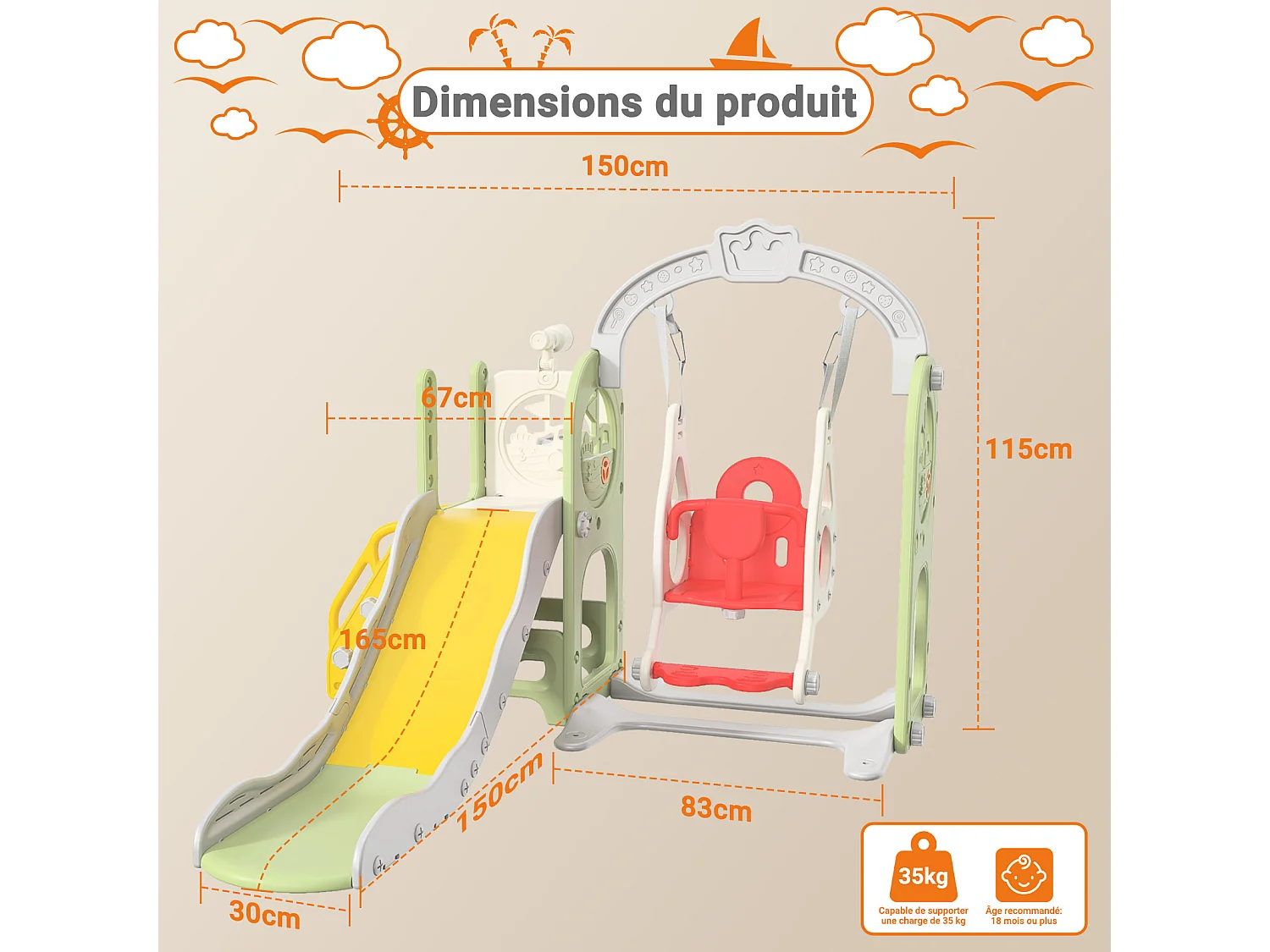 Toboggan + Balançoire + Cadre à balles + Télescope Vert Bateau Pirate