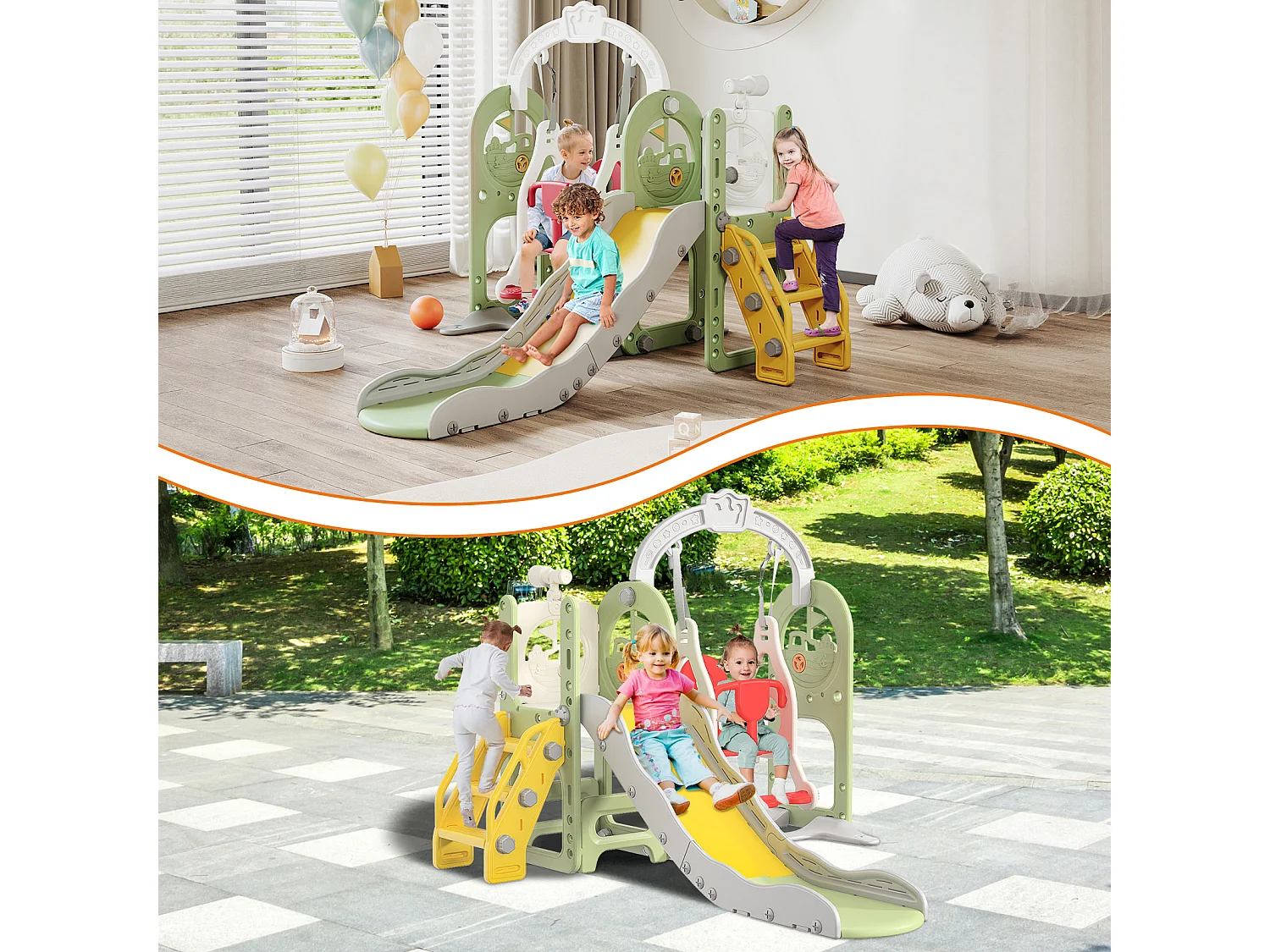 Toboggan + Balançoire + Cadre à balles + Télescope Vert Bateau Pirate