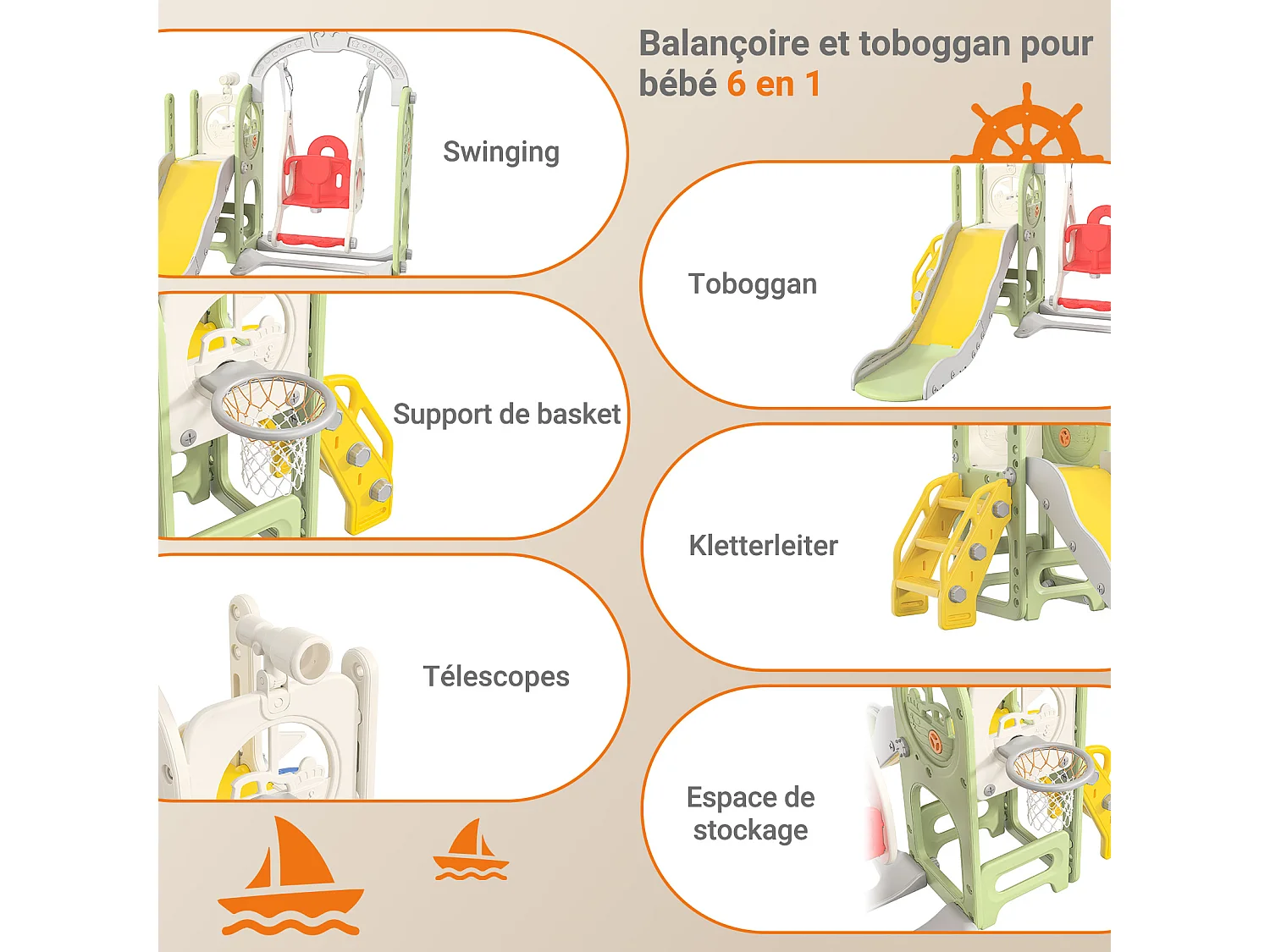 Toboggan + Balançoire + Cadre à balles + Télescope Vert Bateau Pirate