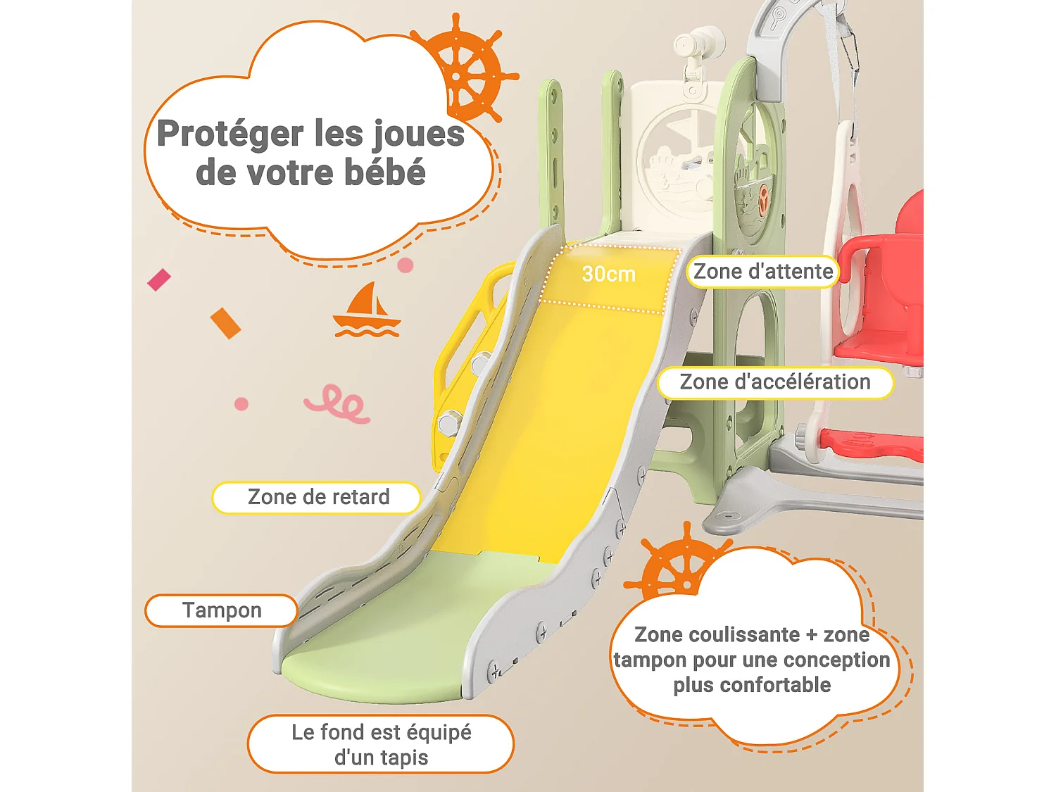 Toboggan + Balançoire + Cadre à balles + Télescope Vert Bateau Pirate