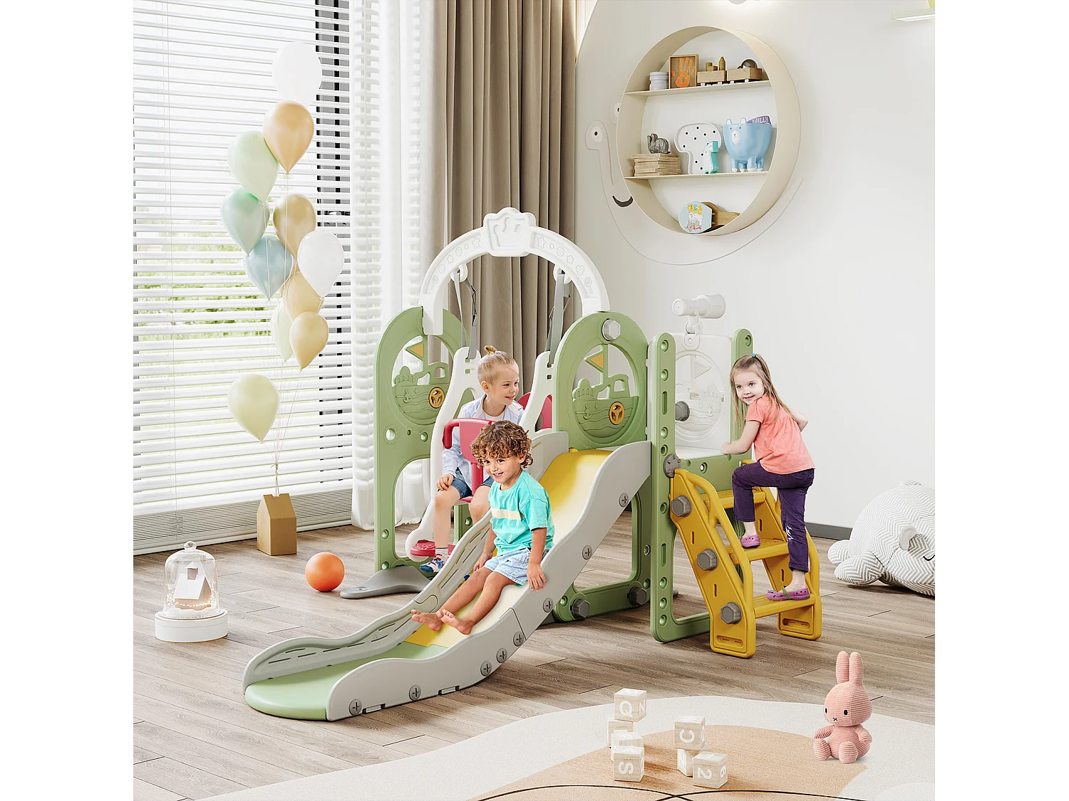 Toboggan + Balançoire + Cadre à balles + Télescope Vert Bateau Pirate