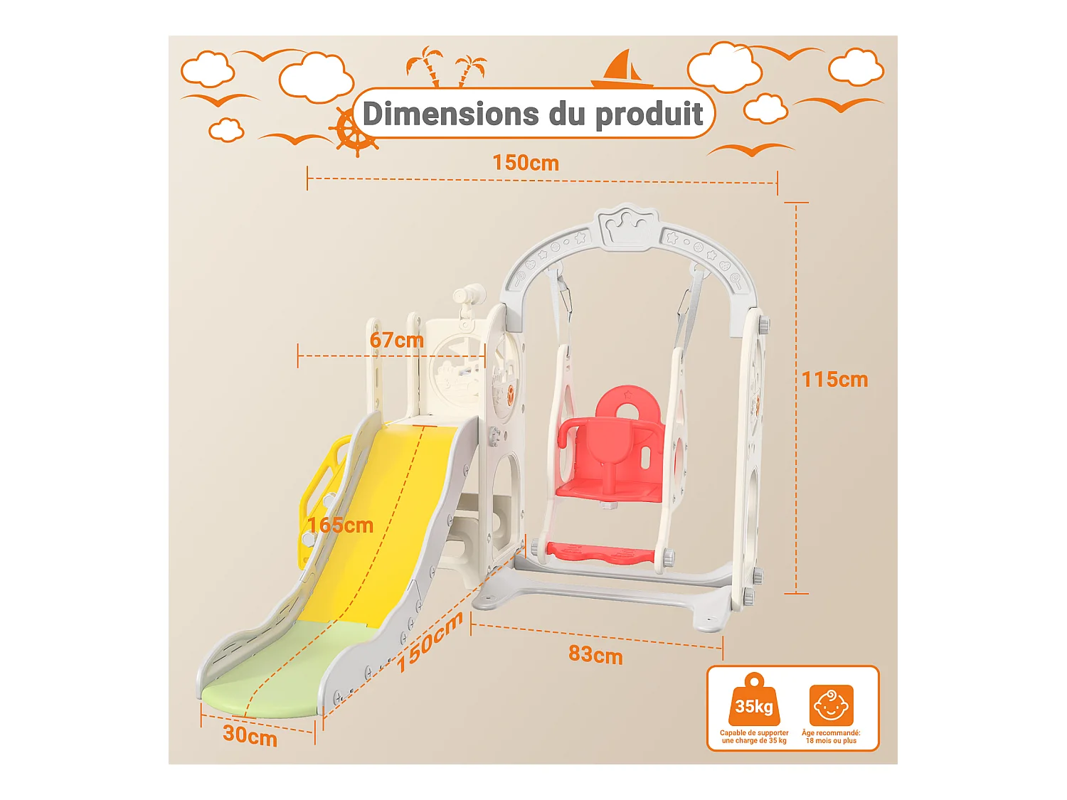 Toboggan + Balançoire + Cadre à boules + Télescope Blanc Bateau Pirate