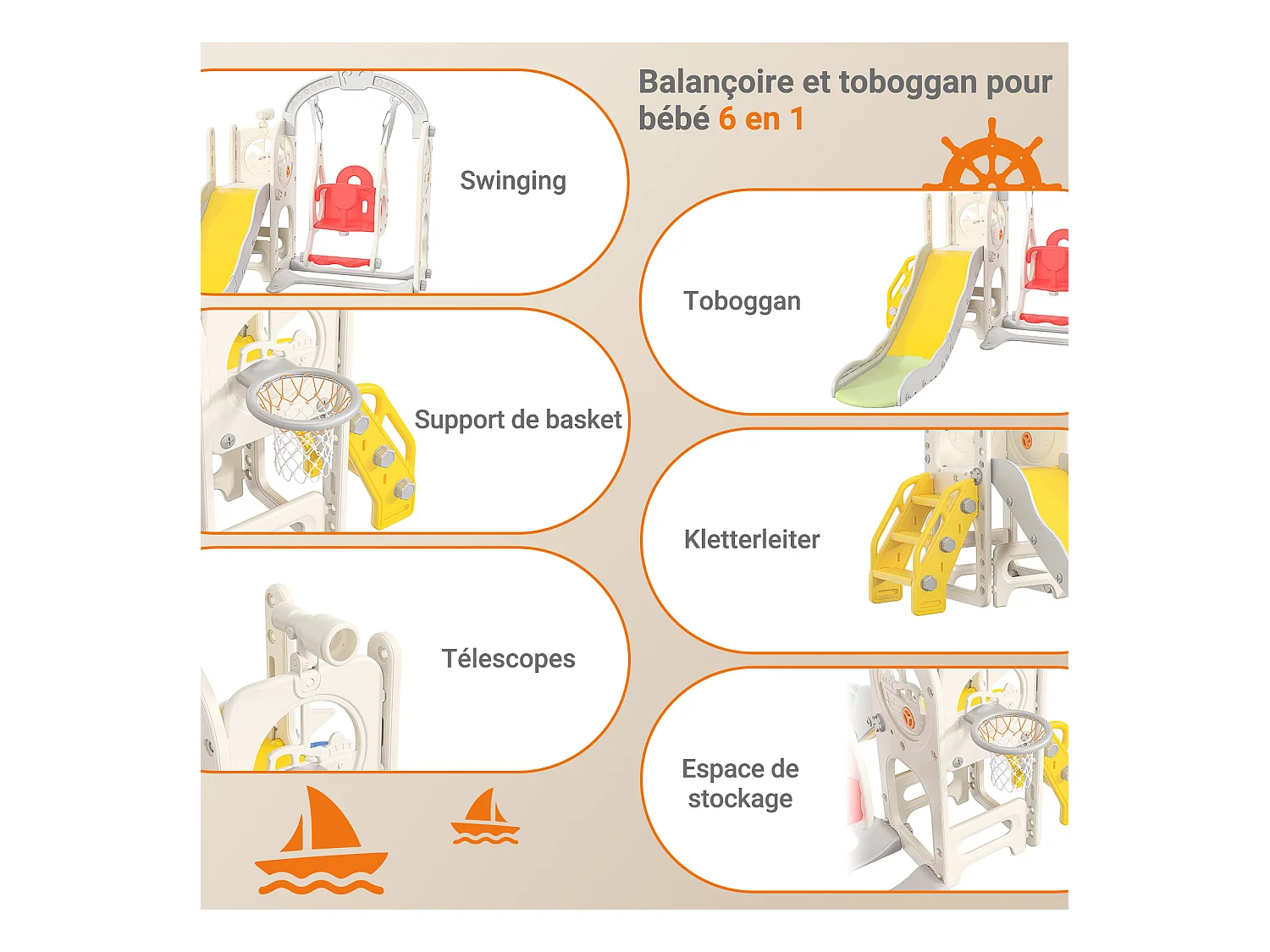 Toboggan + Balançoire + Cadre à boules + Télescope Blanc Bateau Pirate