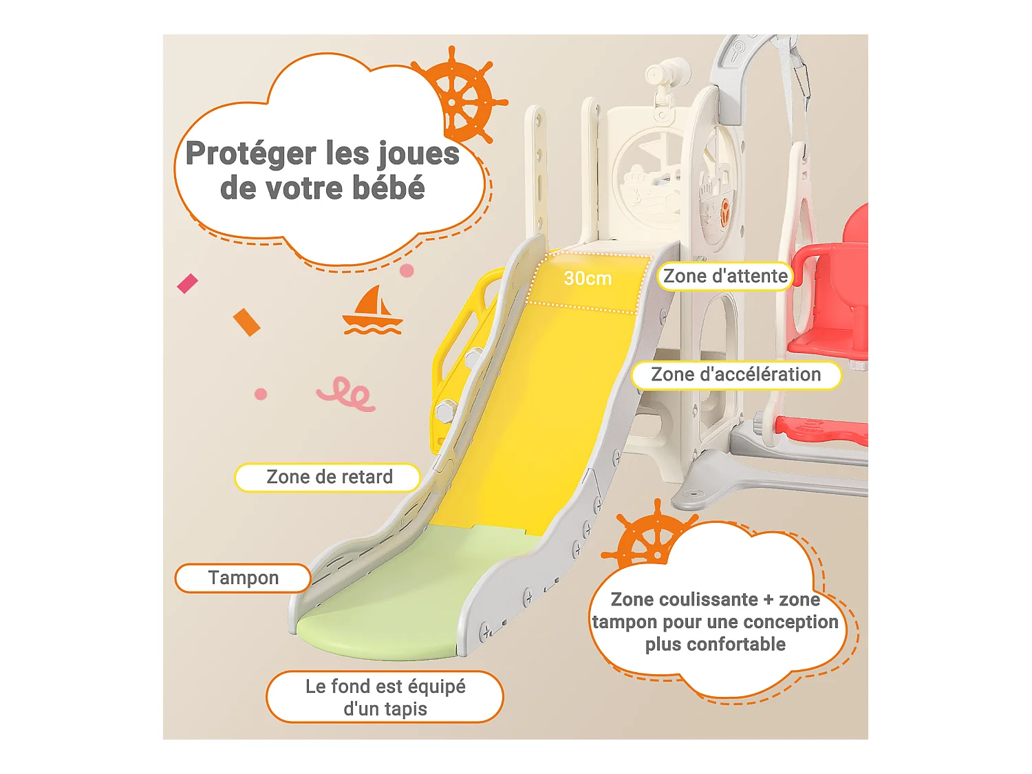 Toboggan + Balançoire + Cadre à boules + Télescope Blanc Bateau Pirate