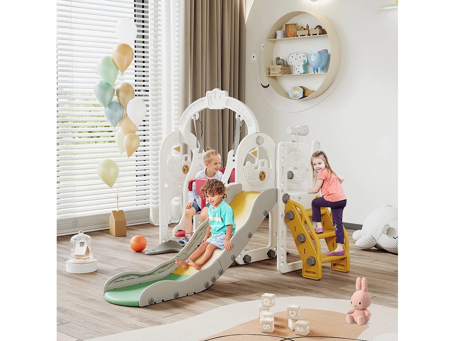 Toboggan + Balançoire + Cadre à boules + Télescope Blanc Bateau Pirate