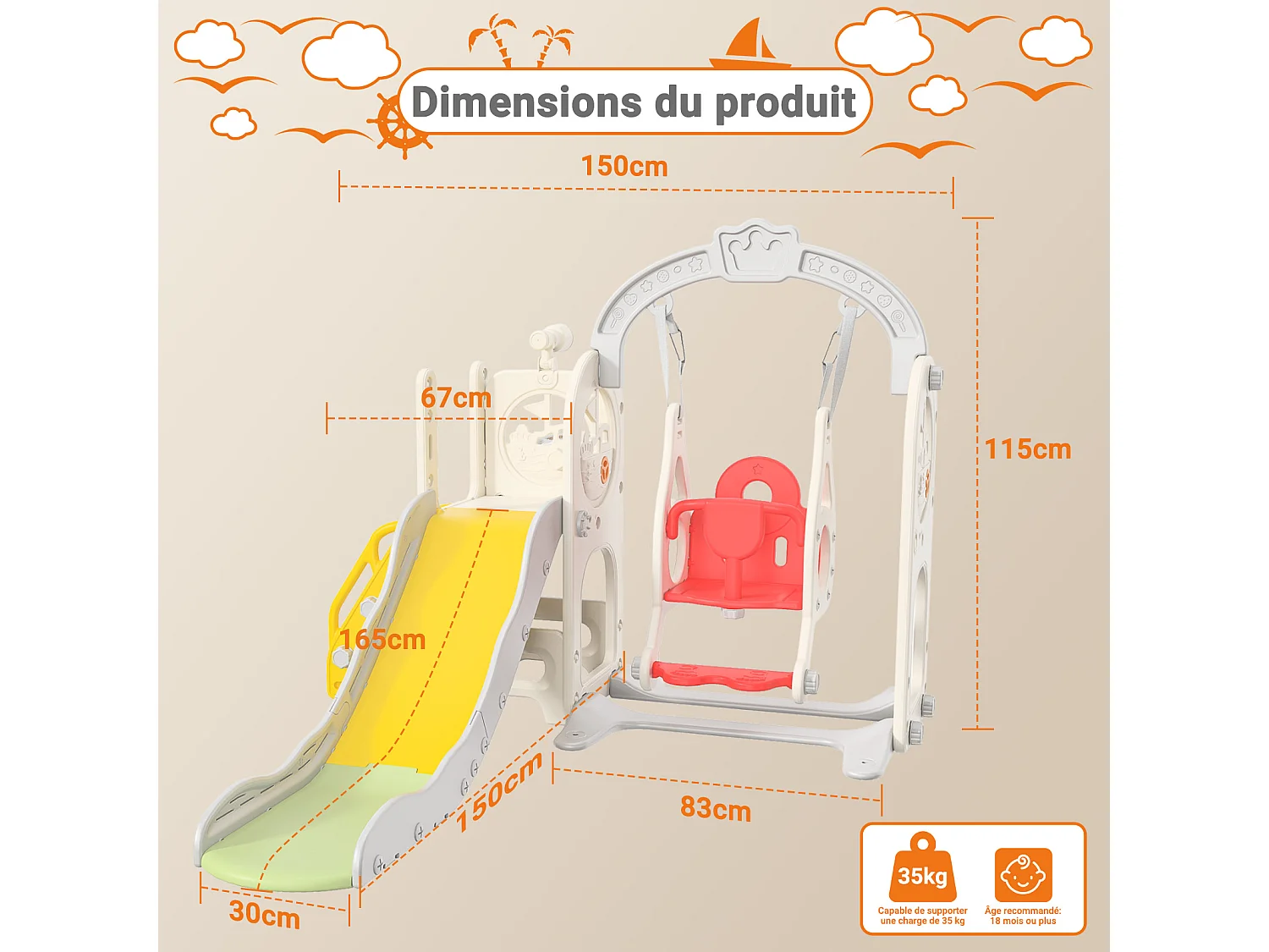 Toboggan + Balançoire + Cadre à boules + Télescope Blanc Bateau Pirate