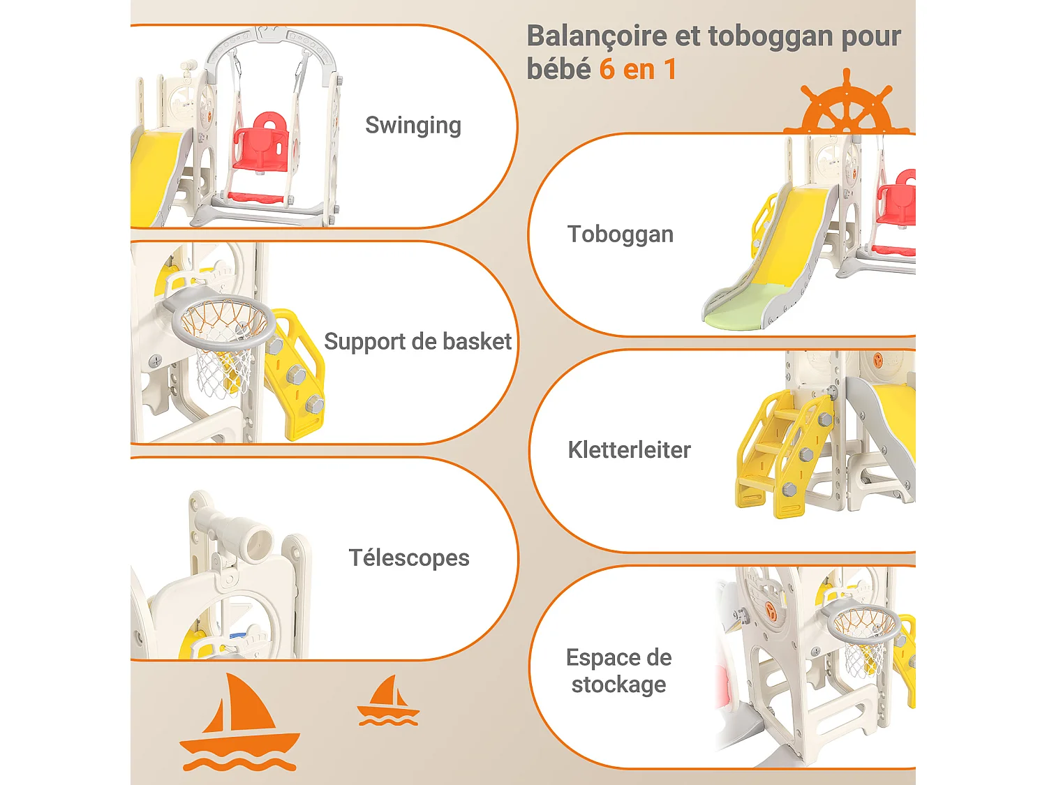 Toboggan + Balançoire + Cadre à boules + Télescope Blanc Bateau Pirate