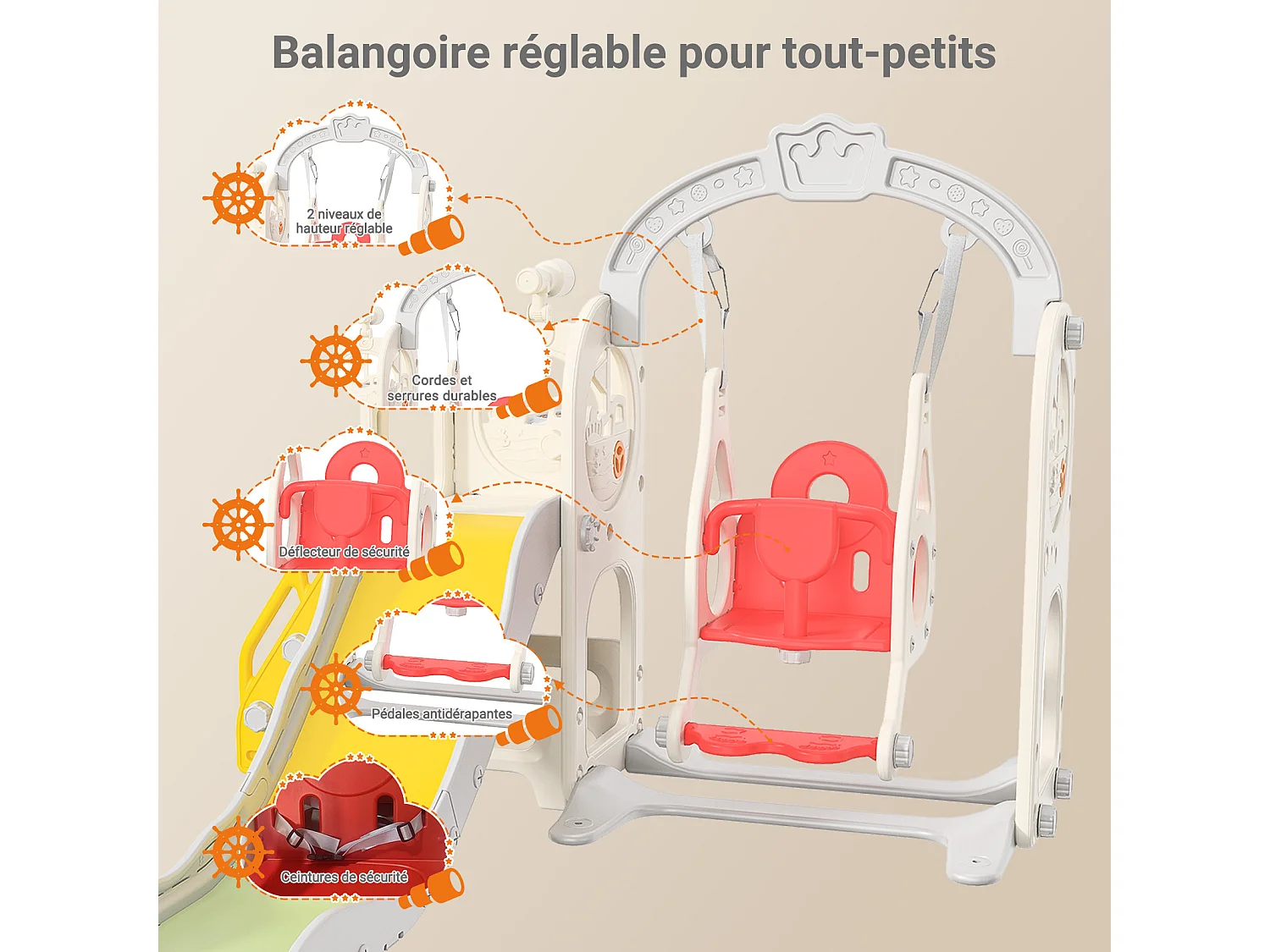 Toboggan + Balançoire + Cadre à boules + Télescope Blanc Bateau Pirate