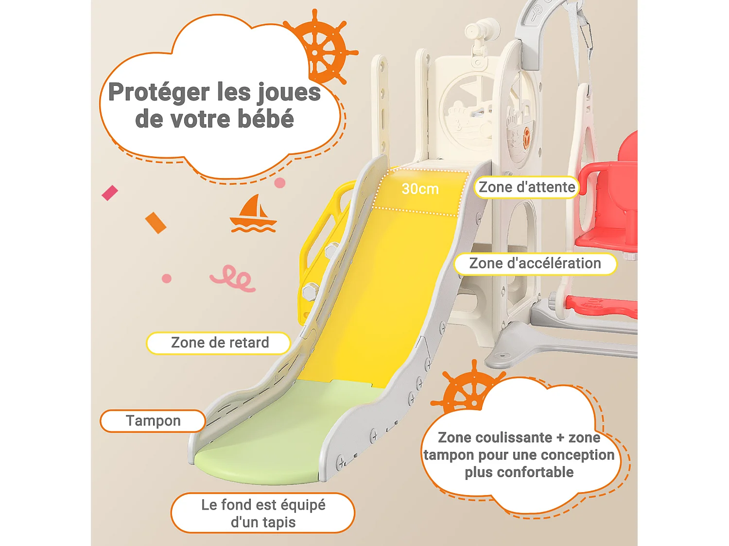 Toboggan + Balançoire + Cadre à boules + Télescope Blanc Bateau Pirate