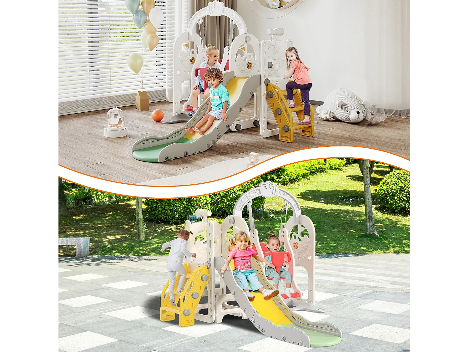 Toboggan + Balançoire + Cadre à boules + Télescope Blanc Bateau Pirate