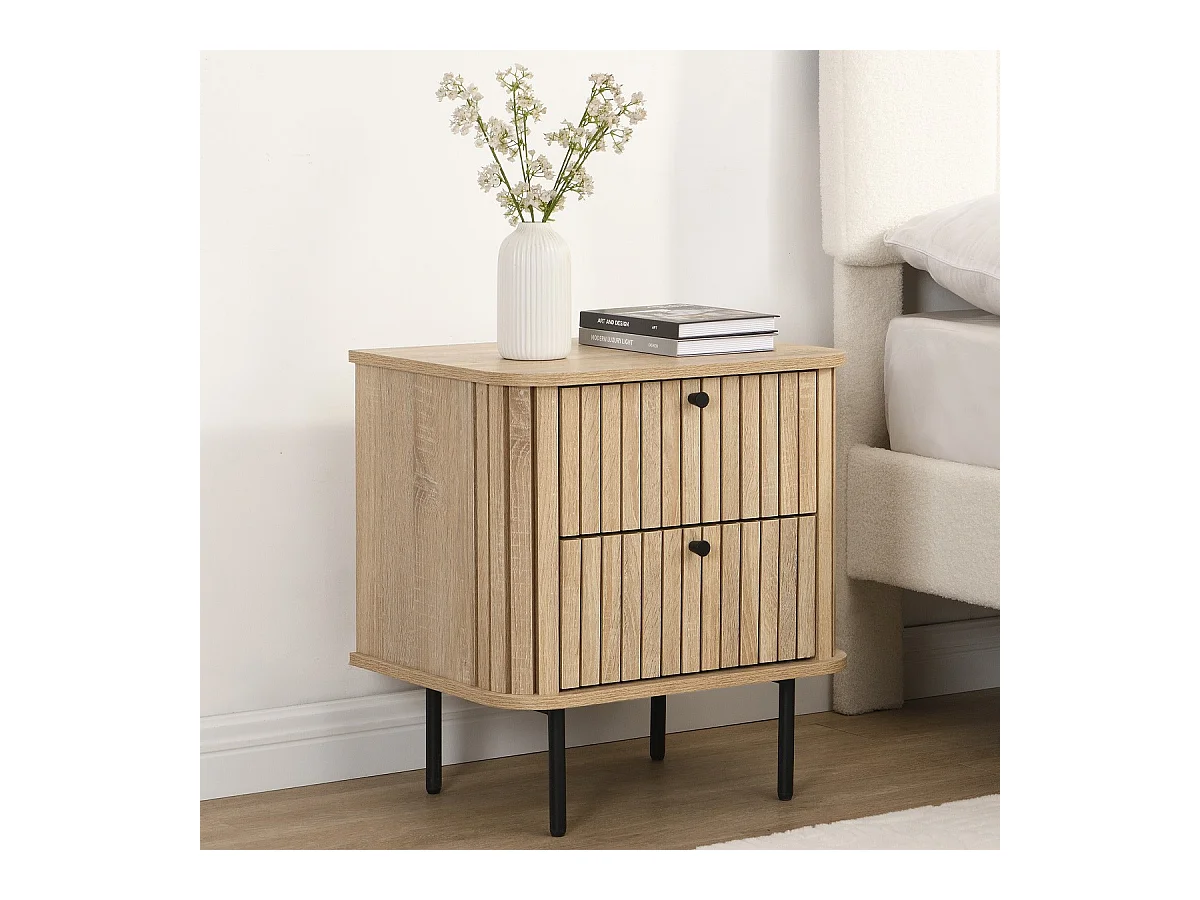 Table de chevet 2 tiroirs rainurés couleur chêne L50xH55 cm - Solna