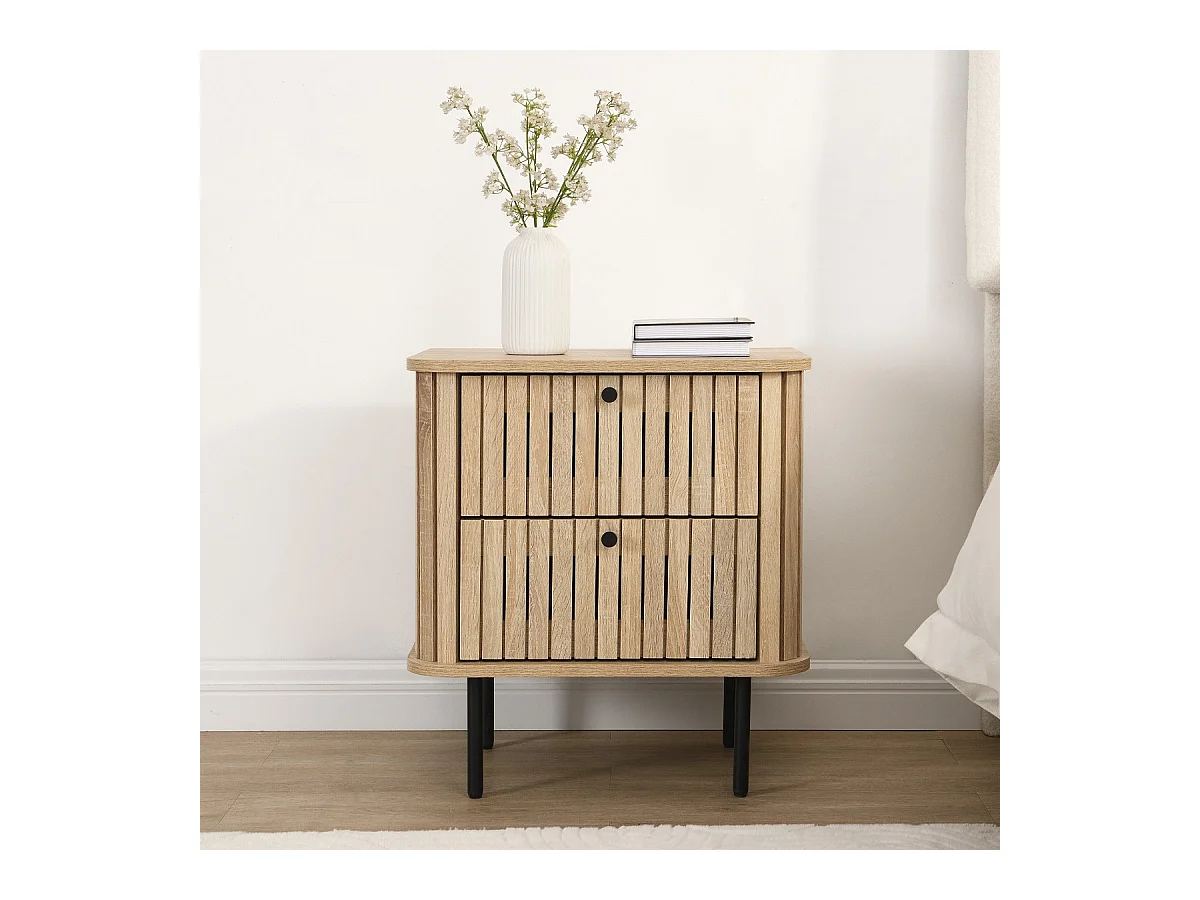 Table de chevet 2 tiroirs rainurés couleur chêne L50xH55 cm - Solna