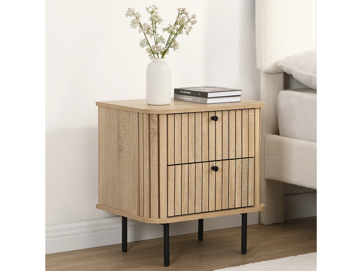 Table de chevet 2 tiroirs rainurés couleur chêne L50xH55 cm - Solna