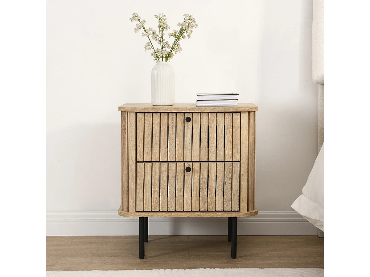 Table de chevet 2 tiroirs rainurés couleur chêne L50xH55 cm - Solna