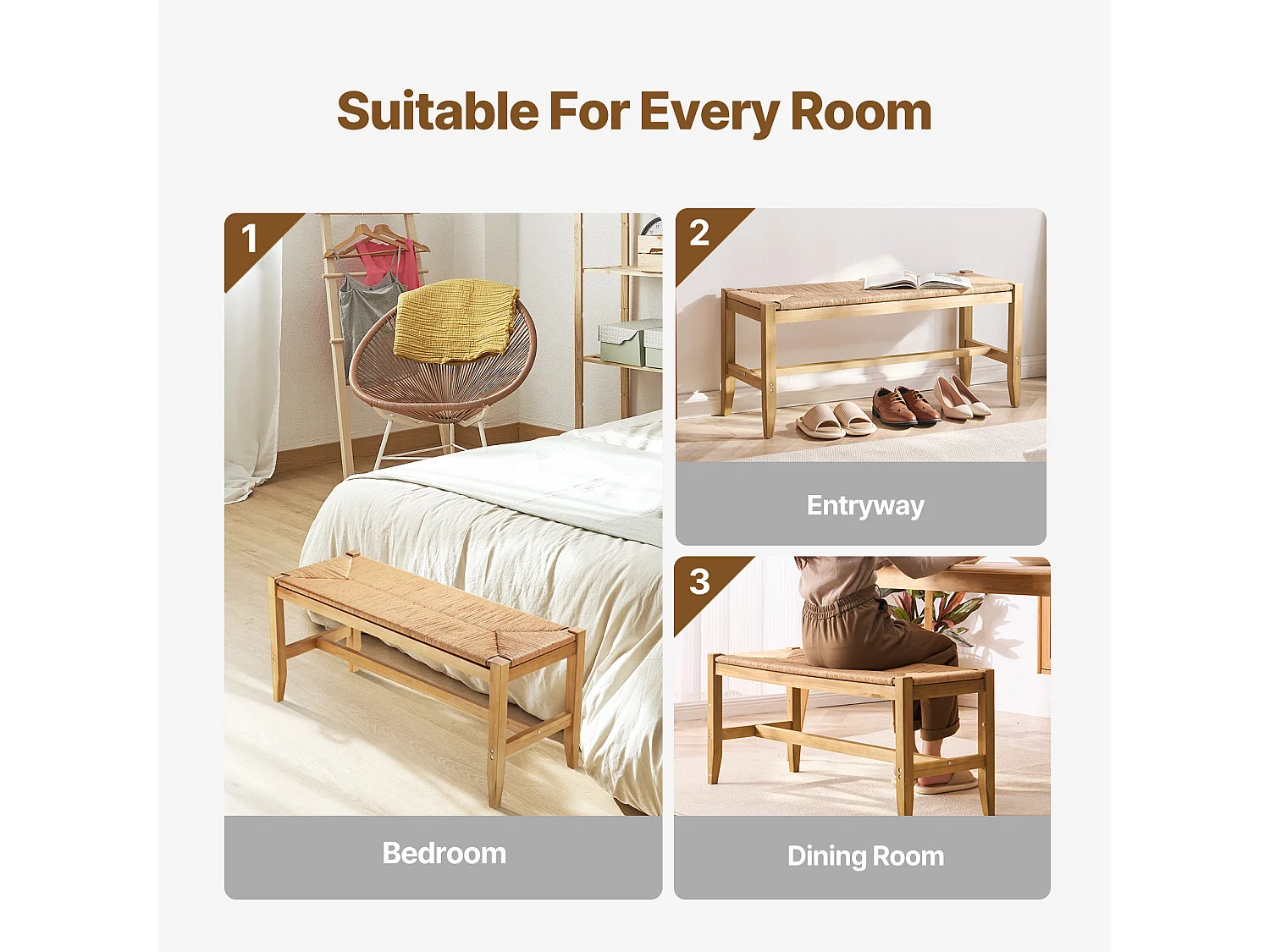 Banc en Rotin SucceBuy 102cm pour Salon Chambre à Coucher Entrée, pour Salon, Chambre, Entrée, Cuisine, Ajoute un Charme Bohème