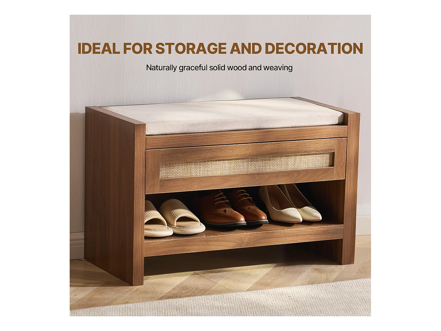 Bank aus Rattan SucceBuy 78cm Gewebt für Eingang Wohnzimmer und Schlafzimmer Beige, Handgewebtes Rattan, Bauernhof-Bohème-Stil