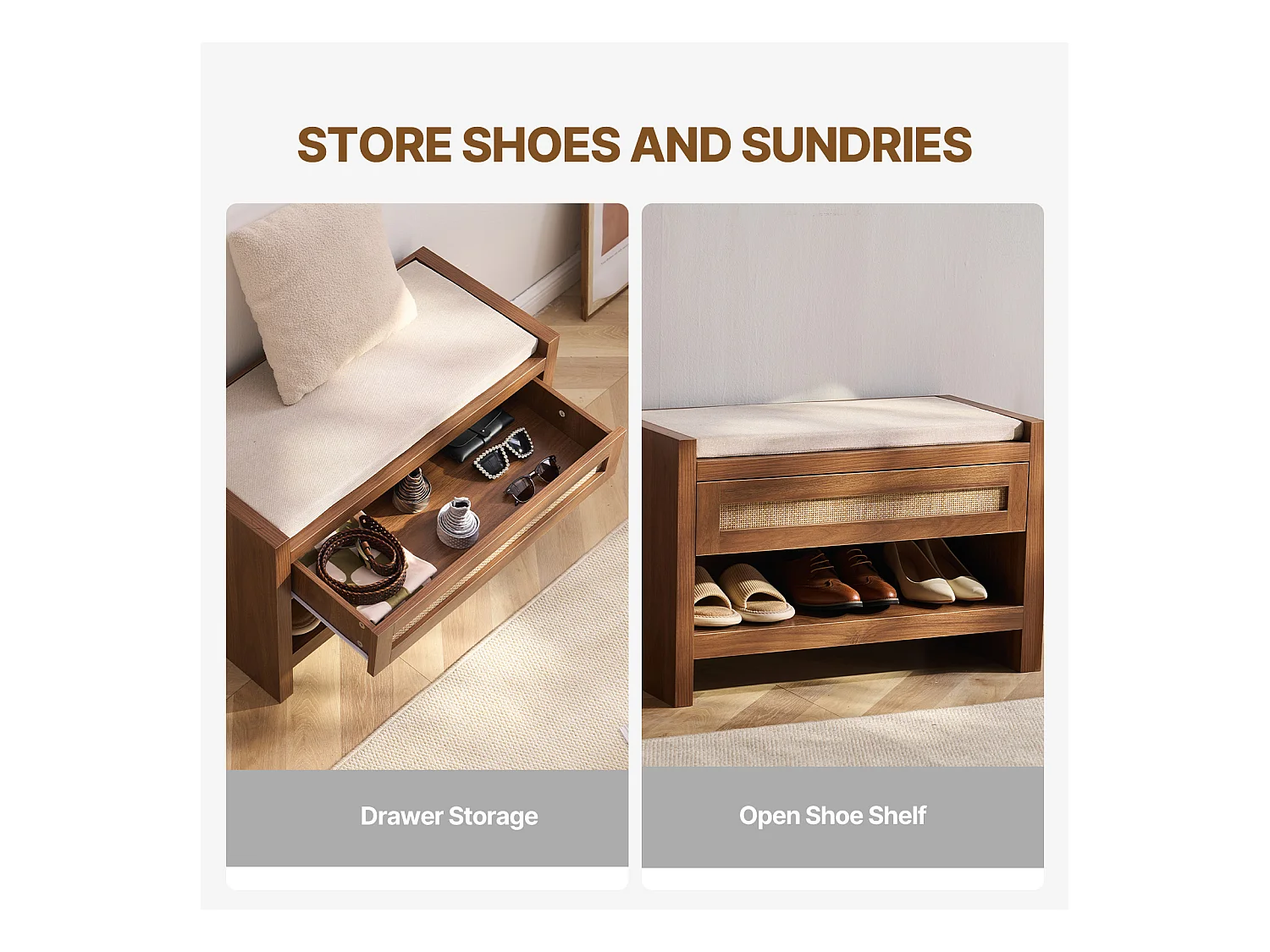 Bank aus Rattan SucceBuy 78cm Gewebt für Eingang Wohnzimmer und Schlafzimmer Beige, Handgewebtes Rattan, Bauernhof-Bohème-Stil