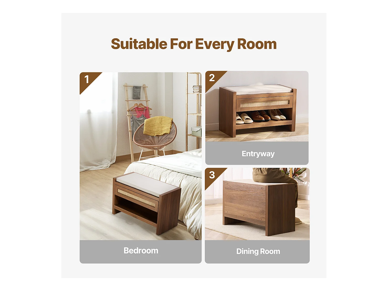 Bank aus Rattan SucceBuy 78cm Gewebt für Eingang Wohnzimmer und Schlafzimmer Beige, Handgewebtes Rattan, Bauernhof-Bohème-Stil