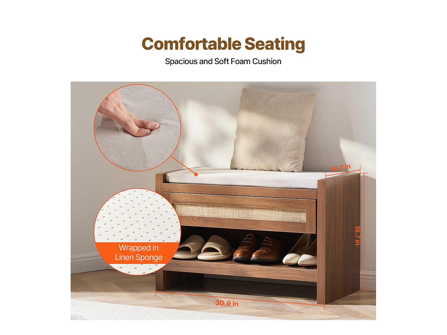 Banc en Rotin SucceBuy 78cm Tissé pour Entrée Salon et Chambre à Coucher Beige, Rotin Tissé à la Main, Style Bohème de Ferme