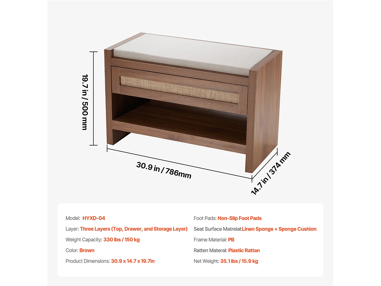 Bank van Rotan SucceBuy 78cm Geweven voor Ingang Woonkamer en Slaapkamer Beige, Handgeweven Rotan, Boerderij Bohème-Stijl