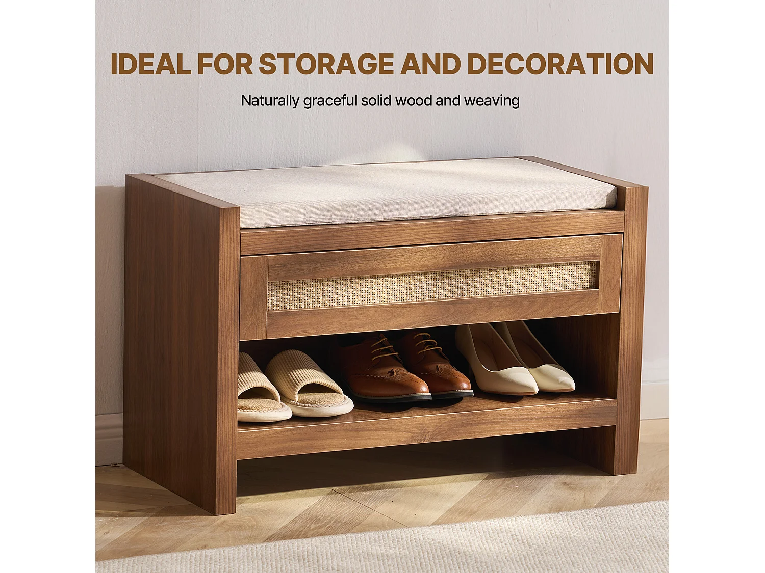 Bank van Rotan SucceBuy 78cm Geweven voor Ingang Woonkamer en Slaapkamer Beige, Handgeweven Rotan, Boerderij Bohème-Stijl