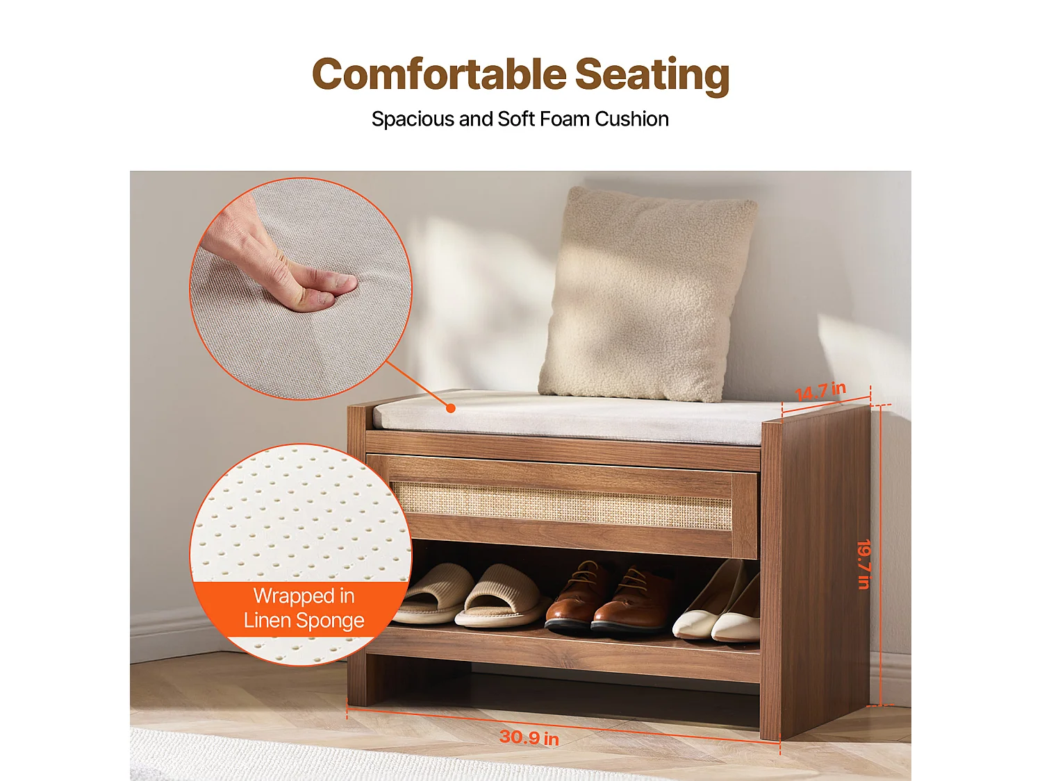 Bank van Rotan SucceBuy 78cm Geweven voor Ingang Woonkamer en Slaapkamer Beige, Handgeweven Rotan, Boerderij Bohème-Stijl