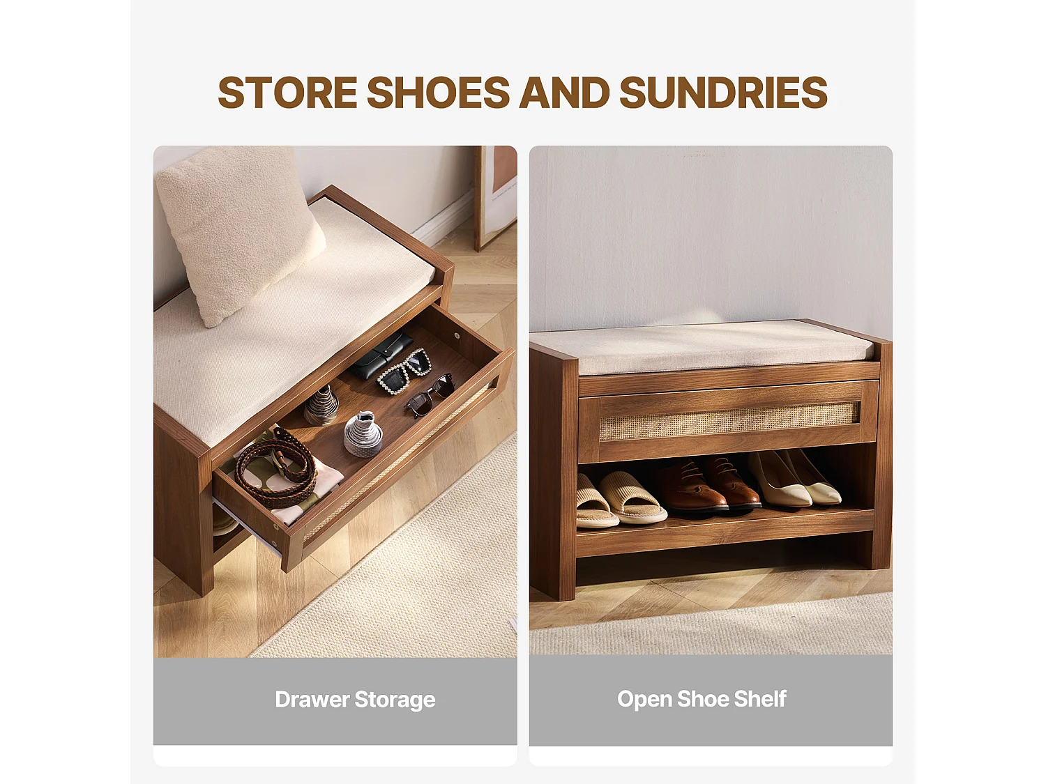 Bank van Rotan SucceBuy 78cm Geweven voor Ingang Woonkamer en Slaapkamer Beige, Handgeweven Rotan, Boerderij Bohème-Stijl