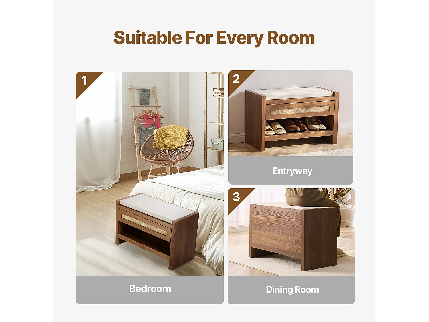 Bank van Rotan SucceBuy 78cm Geweven voor Ingang Woonkamer en Slaapkamer Beige, Handgeweven Rotan, Boerderij Bohème-Stijl